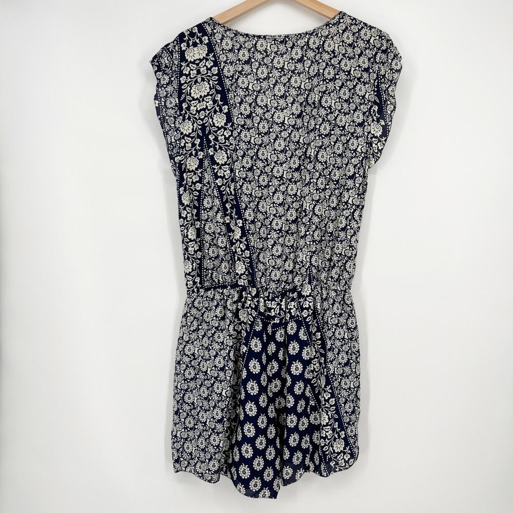 Gypsy 05 Romper Large Navy Blue White Mixed Print Floral Lace Up Beaded NEW BOHO - Picture 5 of 8